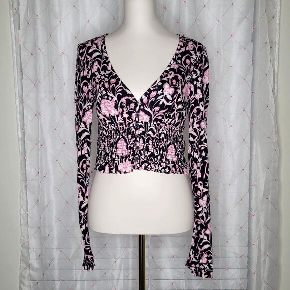 Urban Outfitters Bayside Crop Top Floral Smocked Waist Long Sleeve‎ Size M - Picture 1 of 9